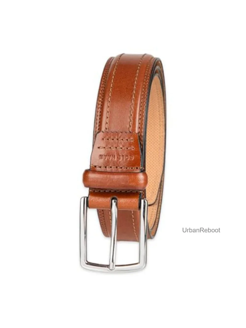 Genuine Leather Dress Belt Stitched Trim Silver Buckle